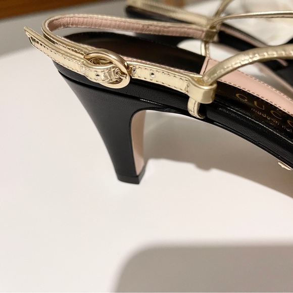 NEW, Authentic Gucci Slingback Kitten-Heel Sandals in Black and Gold - Picture 7 of 13